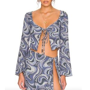 INDAH Margo Mini Skirt in Imagine Blue Purple Silver Swirl Patterned Swim Sarong
